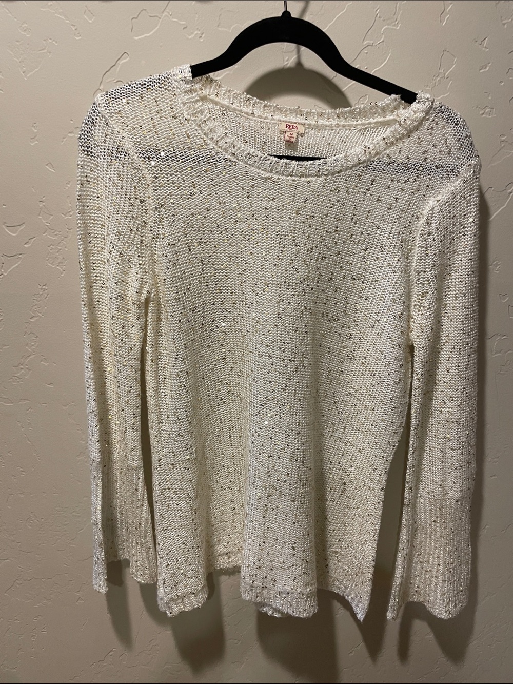 Reba Open-Knit Crewneck Sweater in Cream with gold sequince